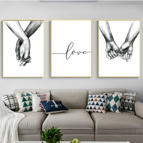 Couples Hands & Heart - 3pcs Line Drawing Canvas Art