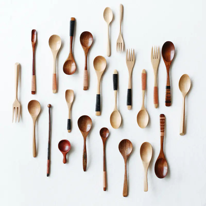 Japanese Wooden Spoon and Fork Set for Coffee Mixing